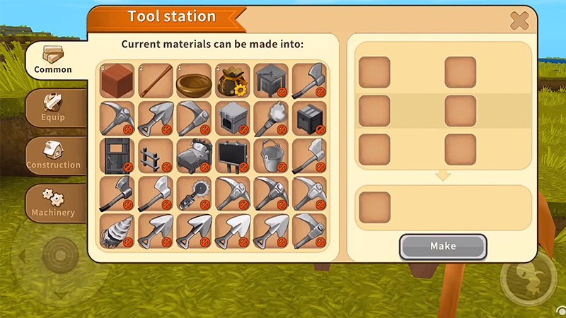  Các công cụ, nguyên liệu được thu thập và chế tạo trong mini world block art.