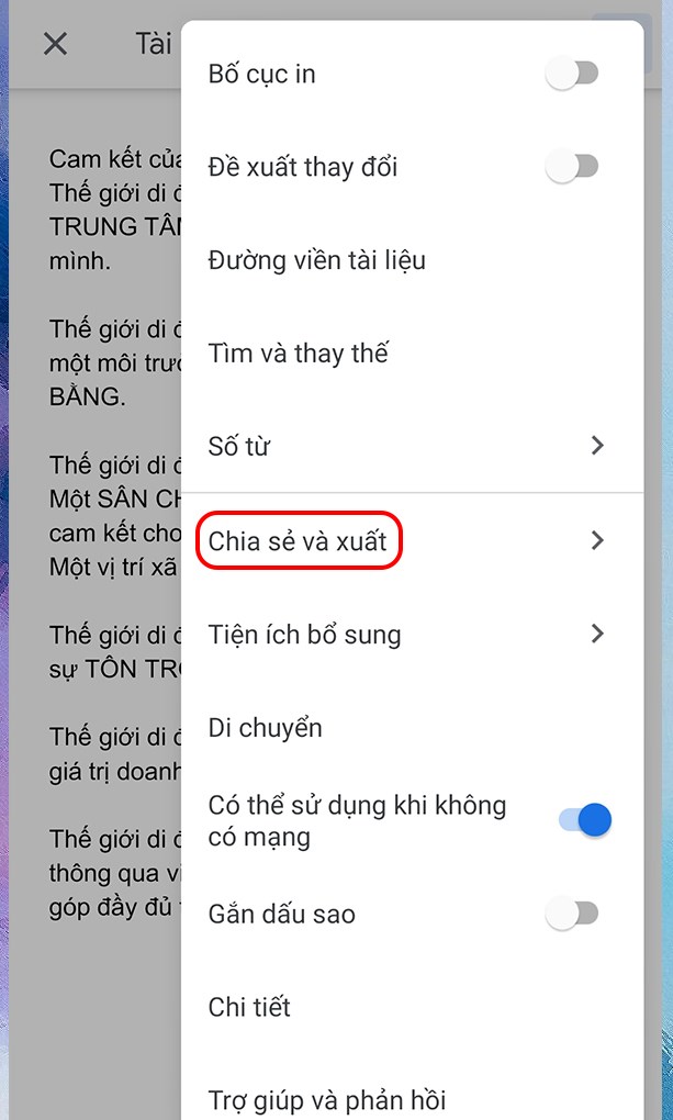 Chọn chia sẻ và xuất file tài liệu