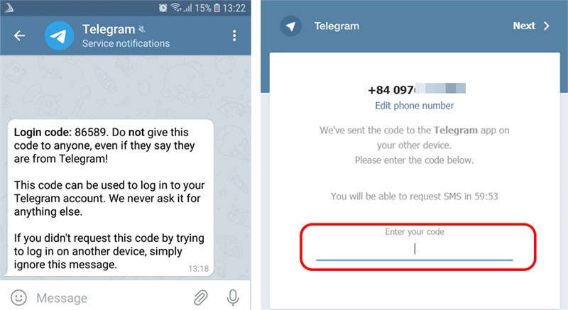  Nhập mã code được gửi về ứng dụng Telegram trên điện thoại của bạn