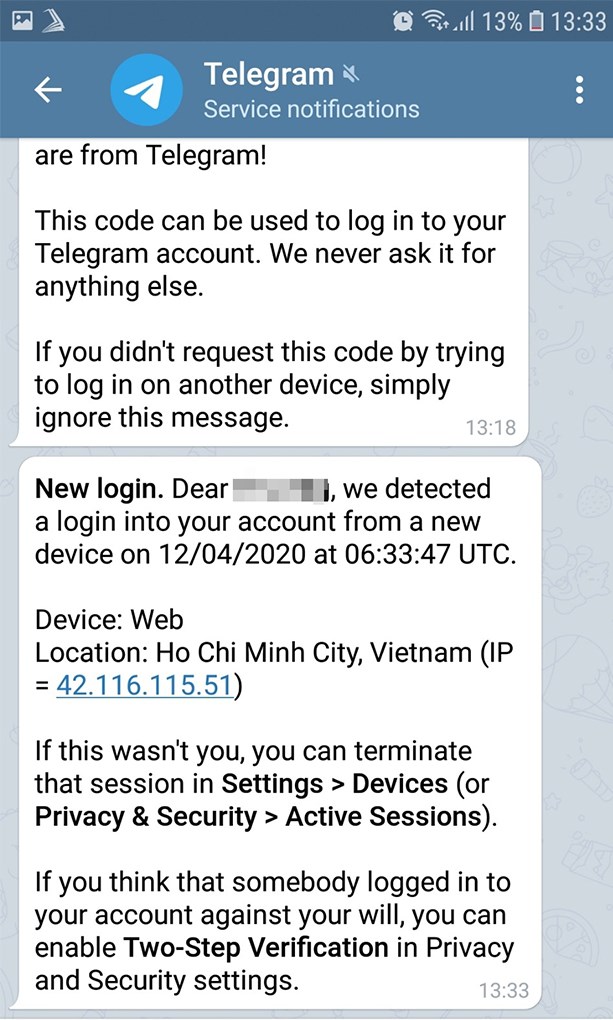 Đăng nhập Telegram thành công