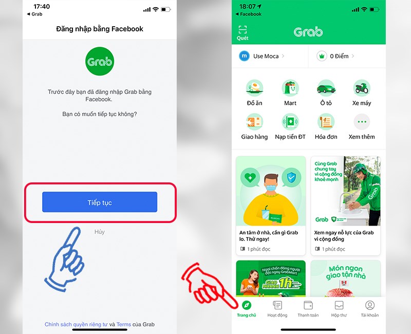 Chọn tiếp tục đăng nhập bằng Facebook v&agrave; sẽ đăng nhập th&agrave;nh c&ocirc;ng v&agrave;o trang chủ của Grab.