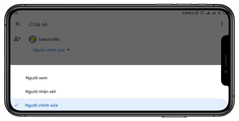 Nhấn v&agrave;o biểu tượng 3 chấm g&oacute;c tr&ecirc;n b&ecirc;n tr&aacute;i ->chia sẻ để thiết lập quyền truy cập