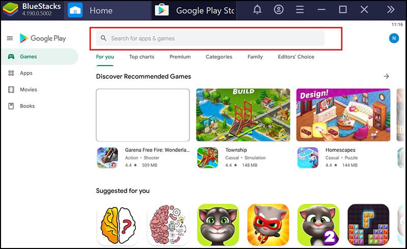 Khung tìm kiếm trên Ứng dụng Google Play trong phần mềm BlueStacks