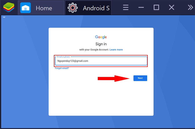 Đăng nhập tài khoản Google trên phần mềm BlueStacks