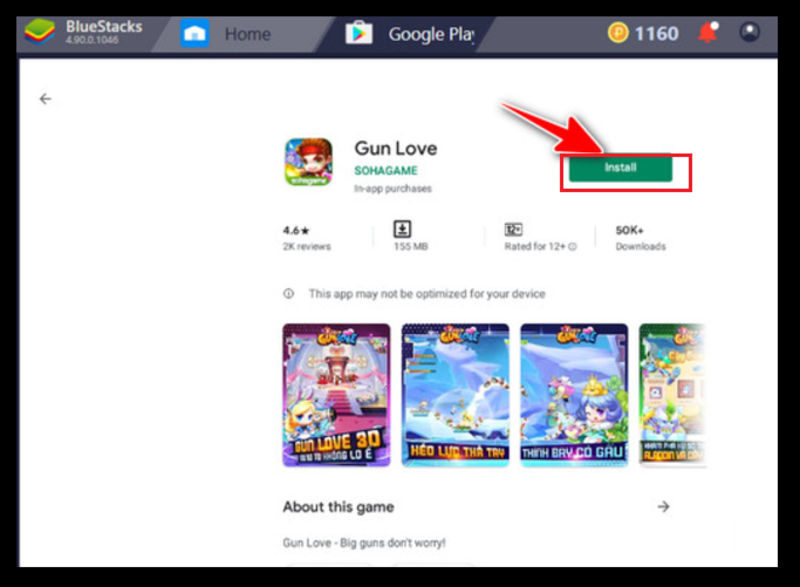 Chọn Install để bắt đầu tải và cài đặt game Gun Love trên máy tính