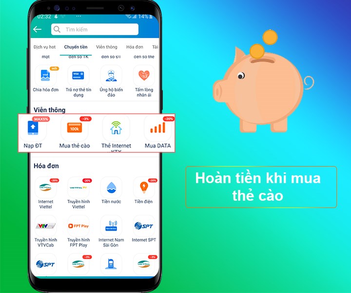 Hoàn tiền khi thanh toán hóa đơn, điện thoại