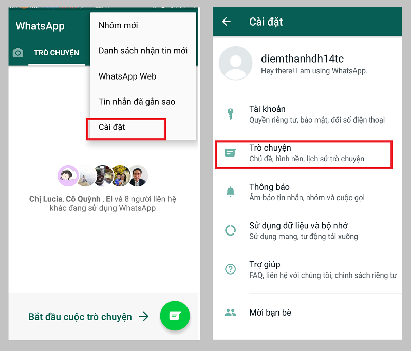 V&agrave;o mục C&agrave;i đặt, chọn Tr&ograve; chuyện
