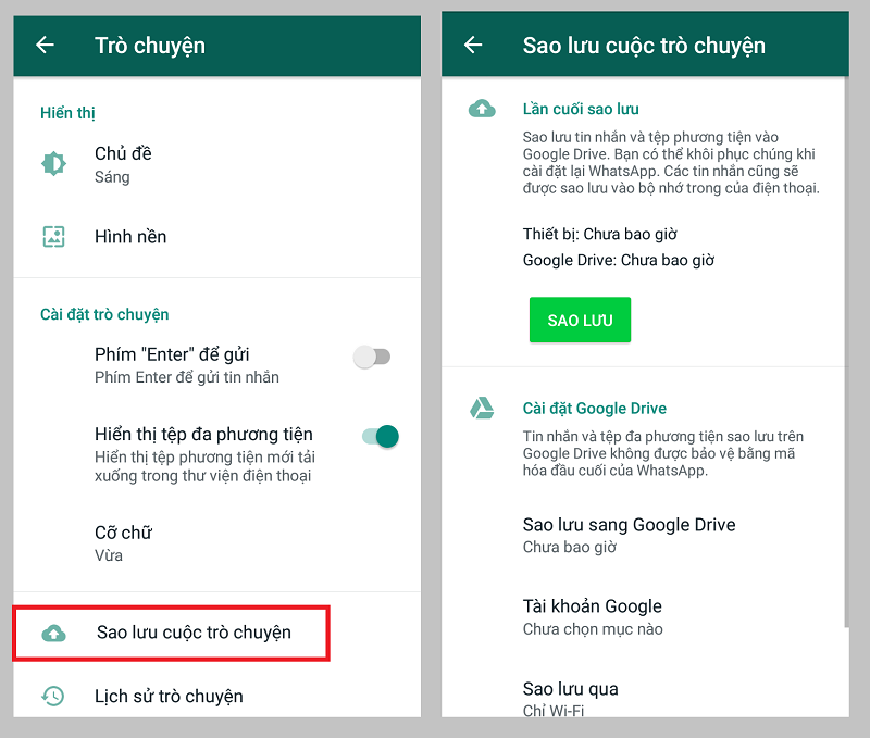 Chọn Sao lưu cuộc tr&ograve; chuyện để tạo sao lưu
