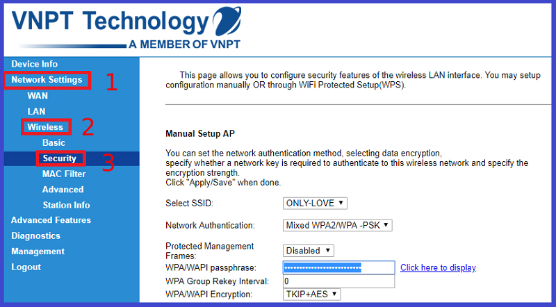 Nhấn vào mục Network Settings > Wireless > Security