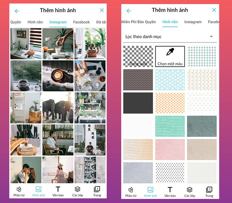  Lấy ảnh từ nguồn Instagram, nguồn c&oacute; sẵn do ứng dụng hỗ trợ,...
