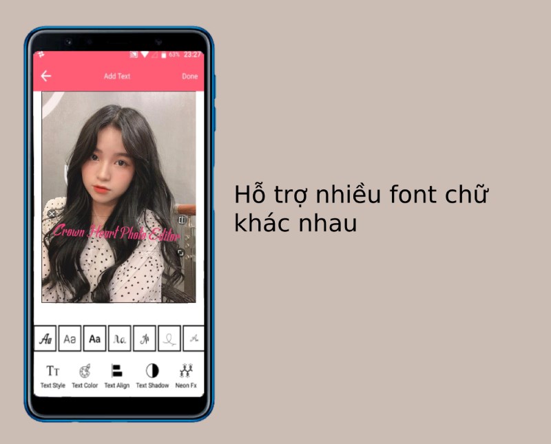 Ứng dụng Crown Heart Photo Editor hỗ trợ chèn chữ, điều chỉnh chữ.