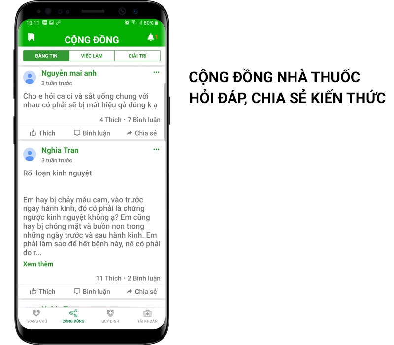 Cộng đồng: Chia sẻ kiến thức, đặt câu hỏi, tương tác với các nhà thuốc, người bán thuốc khác