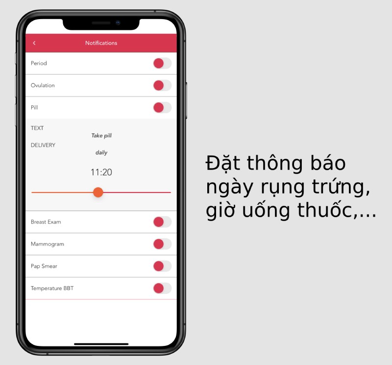 Đặt th&ocirc;ng b&aacute;o ng&agrave;y rụng trứng, giờ uống thuốc,.. tr&ecirc;n ứng dụng Lịch rụng trứng Ladytimer.
