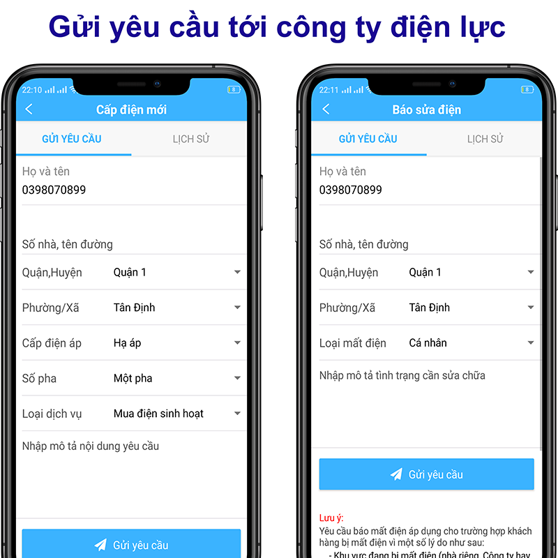 gửi yêu cầu hỗ trợ tới công ty điện lực