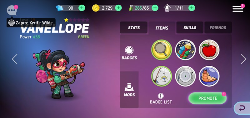 //Cô bé Vanellope đã có đầy đủ trang bị và có thể nâng cấp tư chất