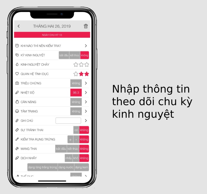 Nhập th&ocirc;ng tin theo d&otilde;i chu kỳ kinh nguyệt tr&ecirc;n Lịch rụng trứng Laydytimer