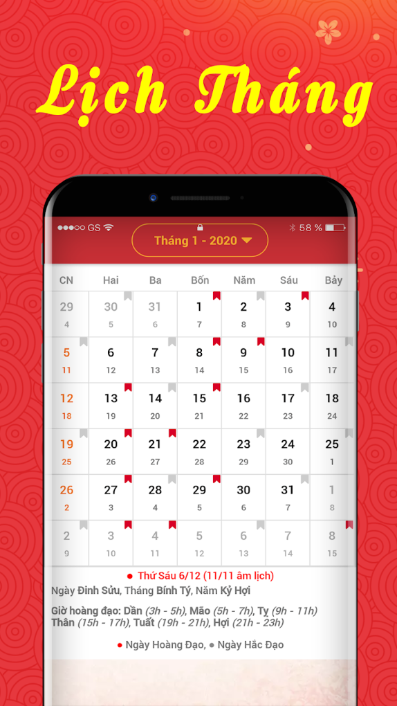 Interface du calendrier mensuel