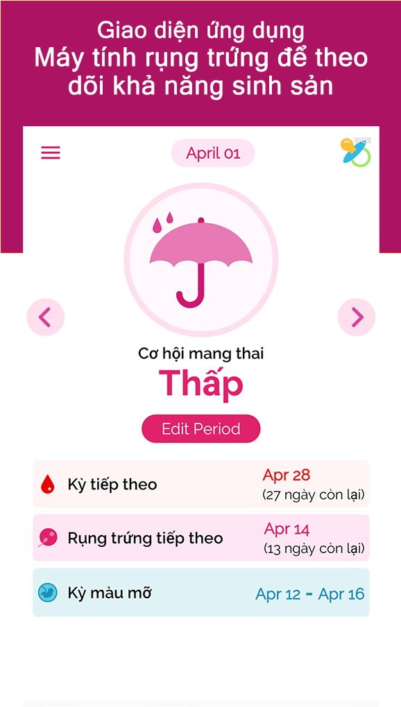  Giao diện ứng dụng Máy tính rụng trứng để theo dõi khả năng sinh sản trên điện thoại