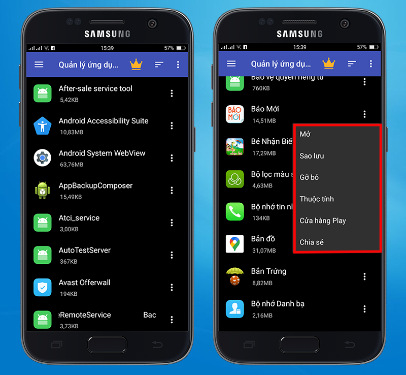Ph&acirc;n loại, mở, dừng, gỡ c&agrave;i đặt, sao lưu, ứng dụng của bạn.