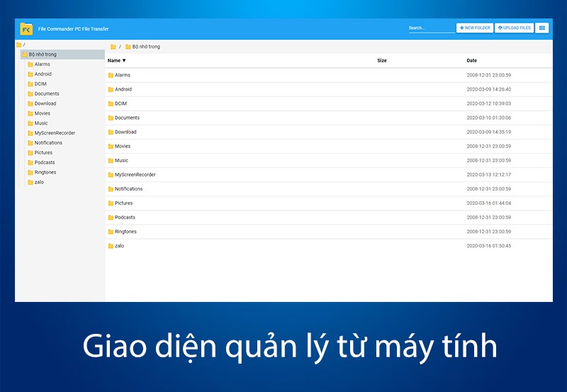 Giao diện quản lý file từ máy tính