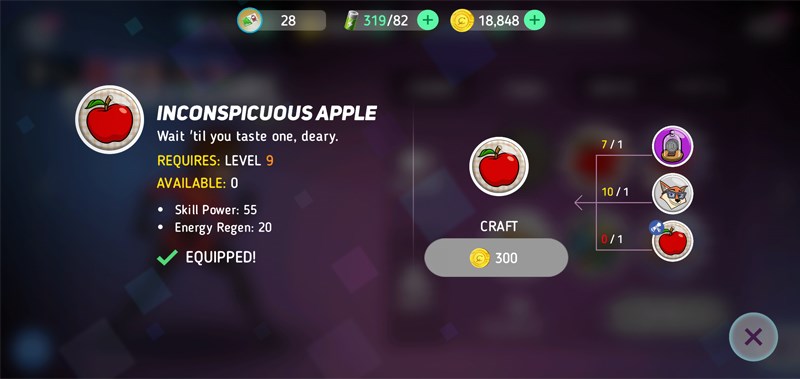 Trang bị Inconspicuous Apple giúp gia tăng sức mạnh kỹ năng và hồi phục năng lượng