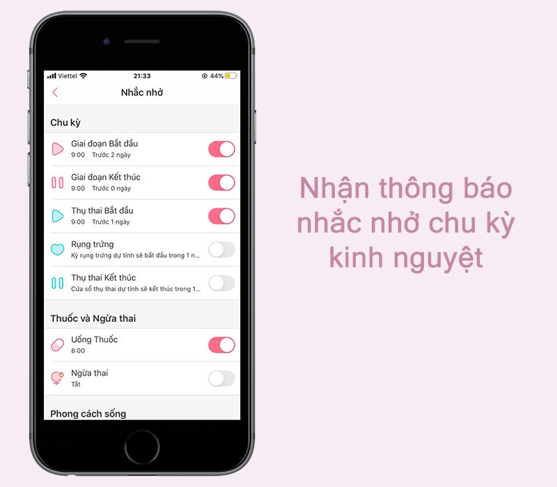 Chế độ nhắc nhở trên ứng dụng Lịch kinh nguyệt & Tính ngày rụng trứng