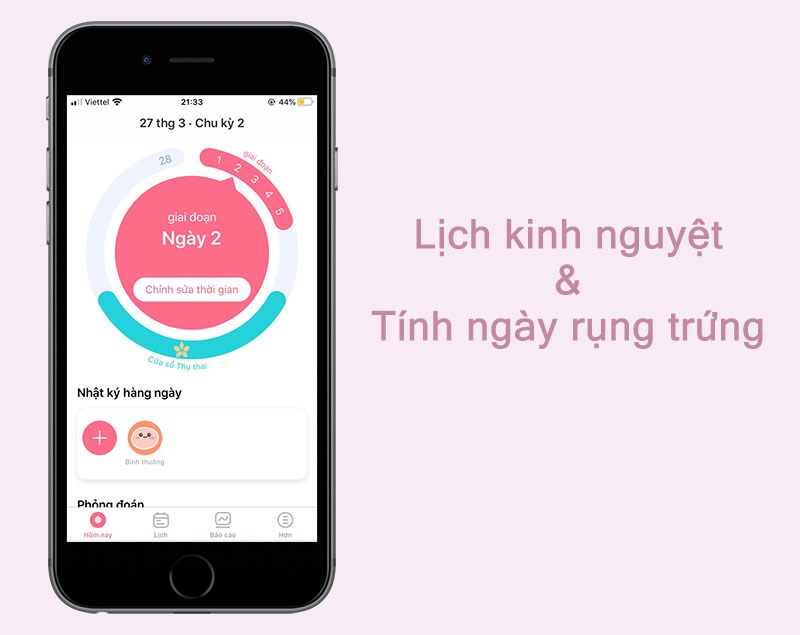 Giao diện ứng dụng Lịch kinh nguyệt & Tính ngày rụng trứng