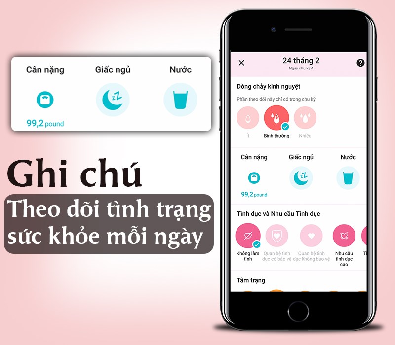 Ghi ch&uacute; c&aacute;c th&ocirc;ng tin theo d&otilde;i kinh nguyệt tại Flo