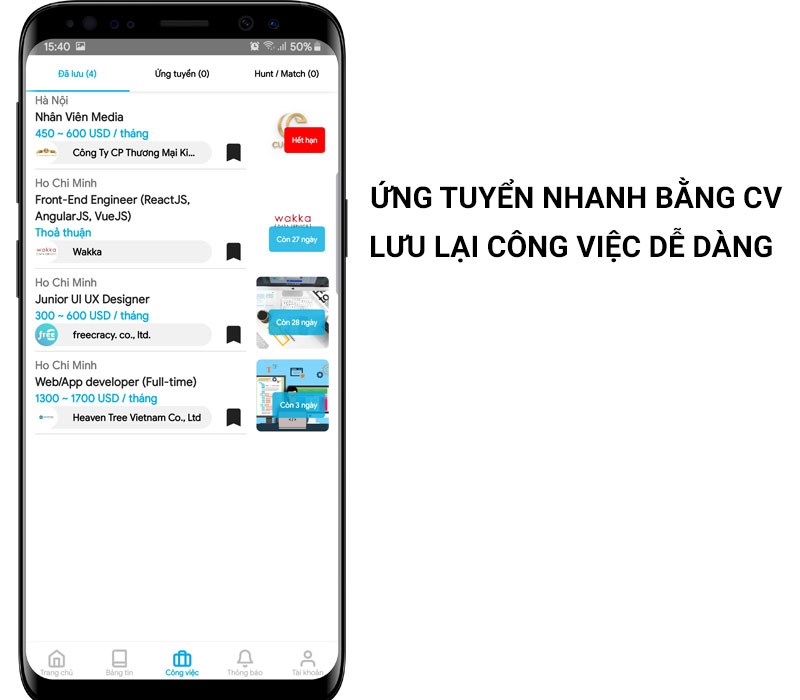 Ứng tuyển nhanh bằng cách gửi CV hoặc lưu lại công việc để ứng tuyển sau