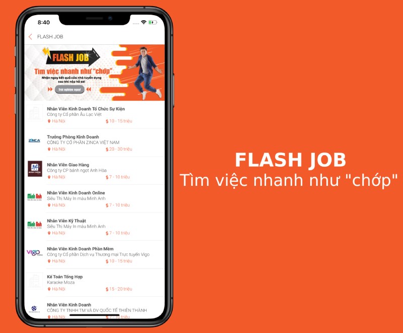T&iacute;nh năng Flash Jobs của ứng dụng JobNow.