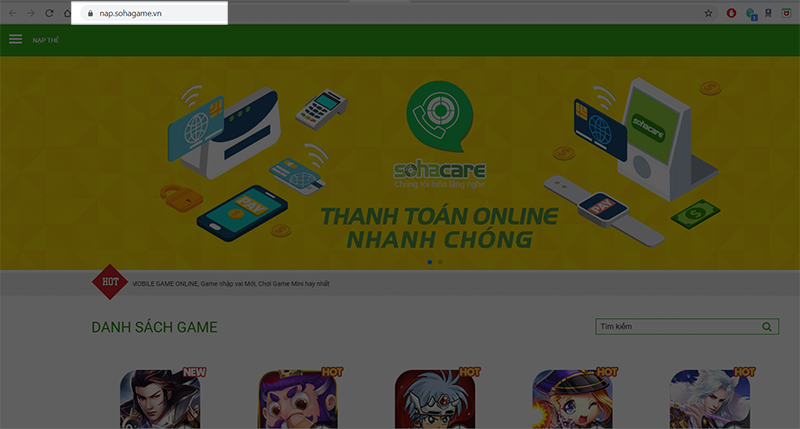 Vào trang nạp thẻ game của Soha Game