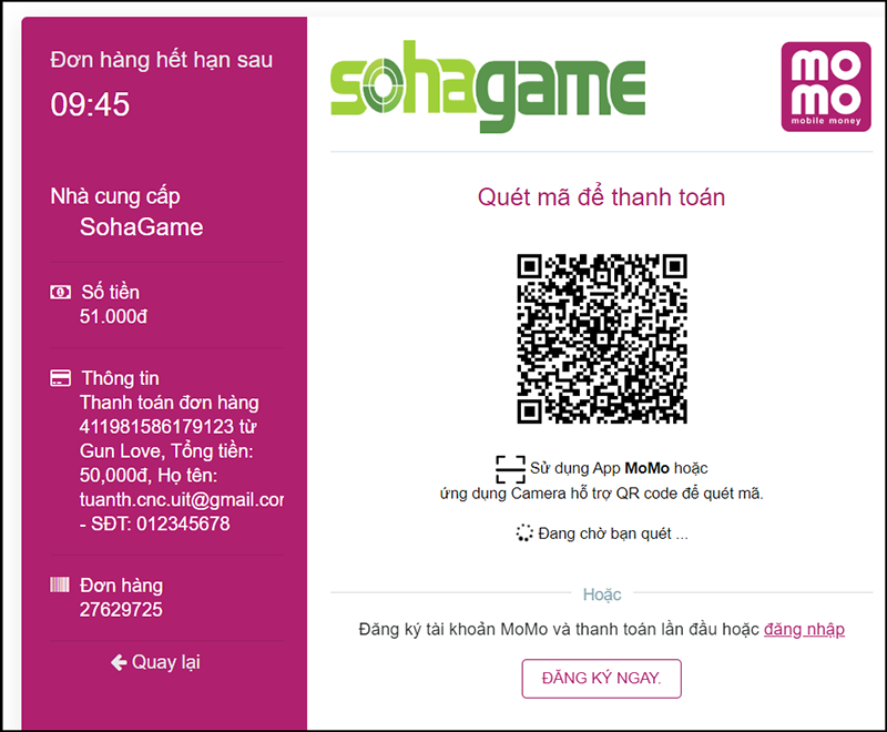 Thanh toán nạp thẻ game bằng ví Momo