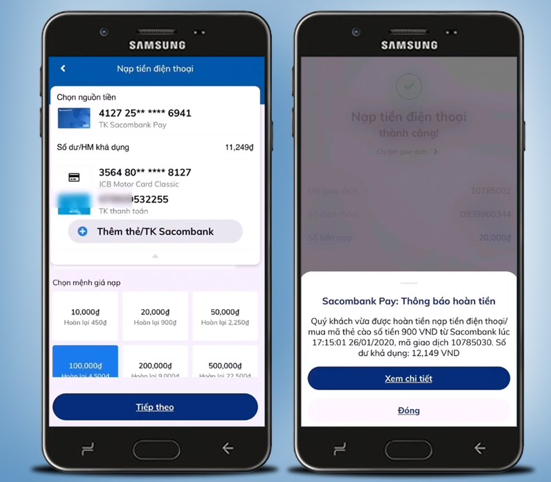 Sacombank Pay hỗ trợ thanh toán, mua thẻ cào nhanh chóng