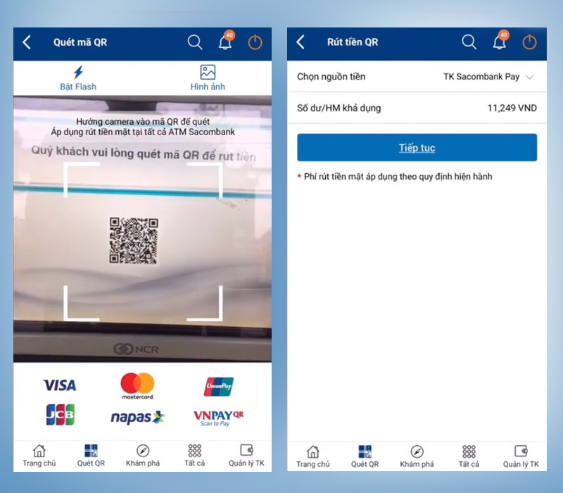 Quét mã QR code trên ứng dụng Sacombank Pay tại cây ATM để rút tiền