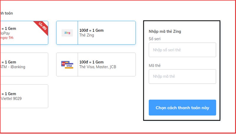 Thanh toán qua thẻ Zing