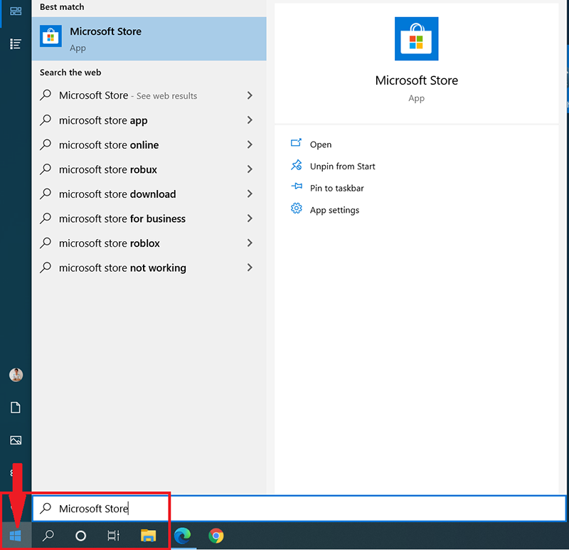 Chọn biểu tượng Windows hoặc công cụ tìm kiếm (kính lúp) trên thanh tác vụ của máy tính > Sau đó nhập vào Microsoft Store