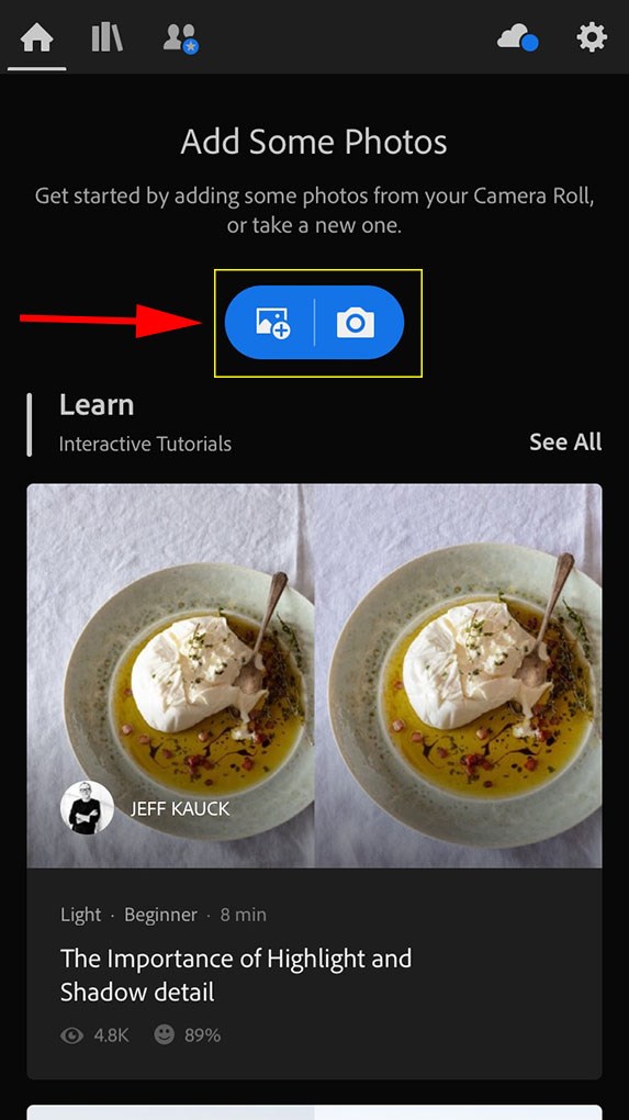 Tải ảnh l&ecirc;n ứng dụng Adobe Lightroom Photo Editor