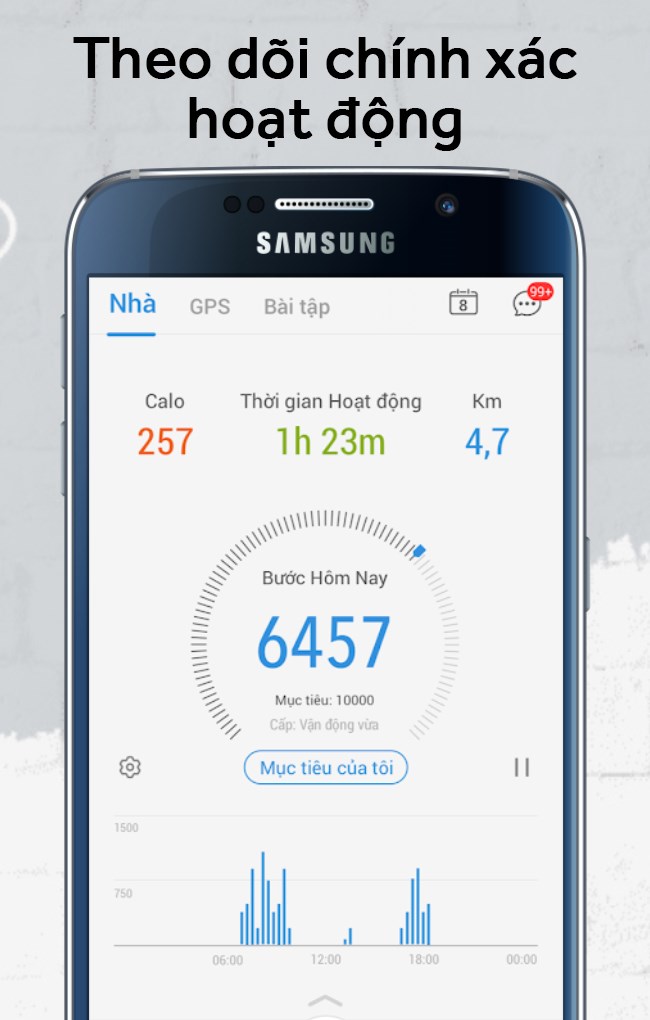 Theo d&otilde;i số bước, calo, thời gian hoạt động,...