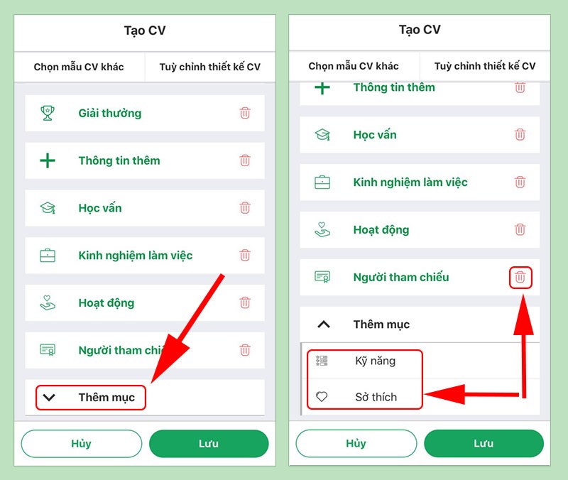 Thêm hoặc bớt mục trong CV