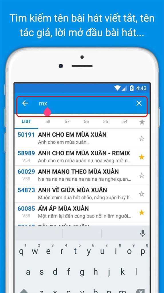Công cụ tìm kiếm mạnh mẽ thông qua tên bài hát, tên tác giá,...trên ứng dụng Mã số Karaoke Việt Nam