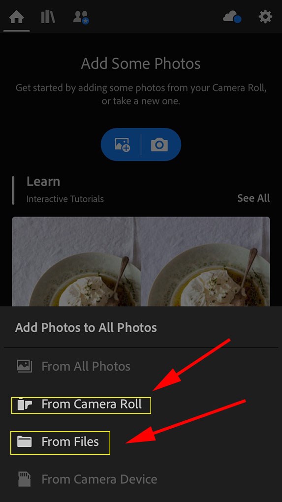 Chọn nơi tải ảnh l&ecirc;n ứng dụng Adobe Lightroom Photo Editor