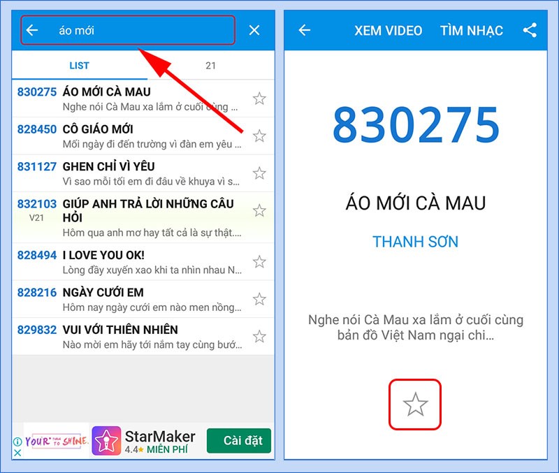 Tìm kiếm theo tên bài hát trên ứng dụng Mã số Karaoke Việt Nam