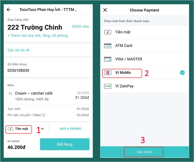 Chọn hình thức thanh toán bằng Ví Momo