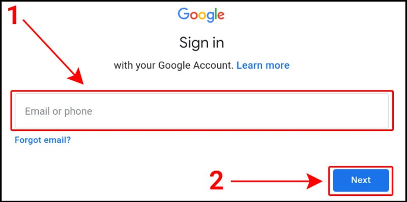 Nhập tài khoản Gmail hoặc số điện thoại