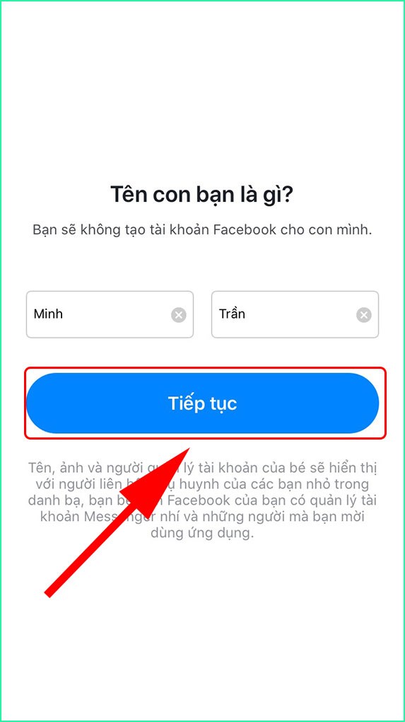 Nhập tên trẻ trên ứng dụng Messenger Kids