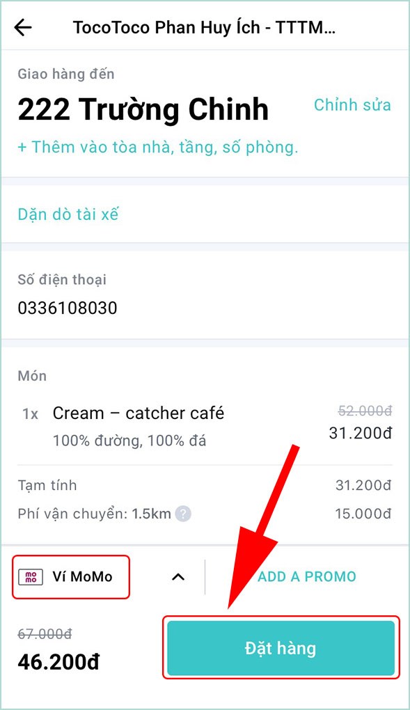 Nhấn đặt hàng để bắt thanh toán
