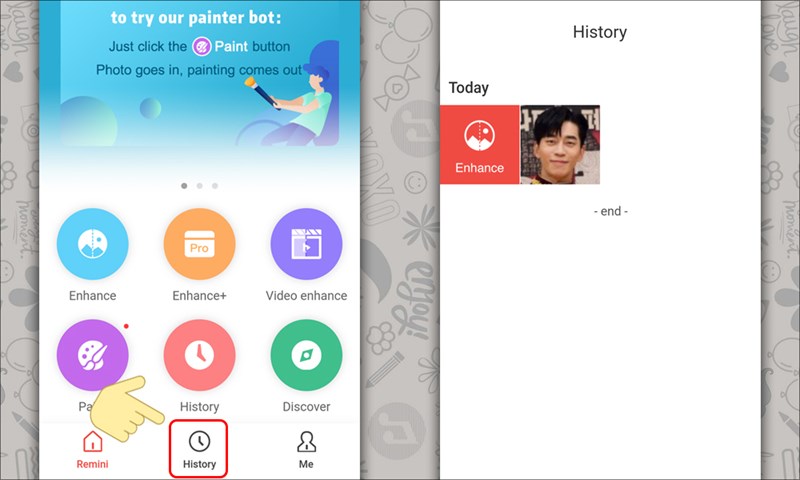 Vào History để xem lịch sử khôi phục ảnh