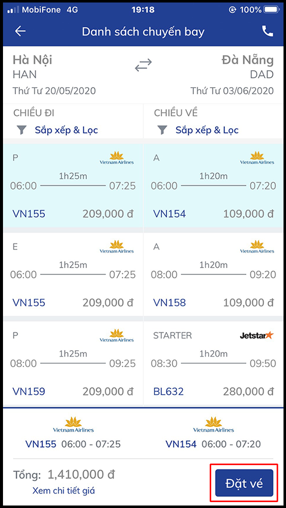 Chọn giờ bay và chọn đặt vé