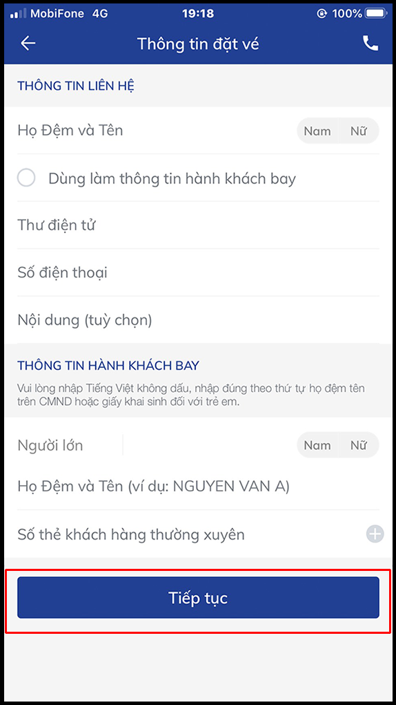 Điền thông tin đặt vé và chọn tiếp tục