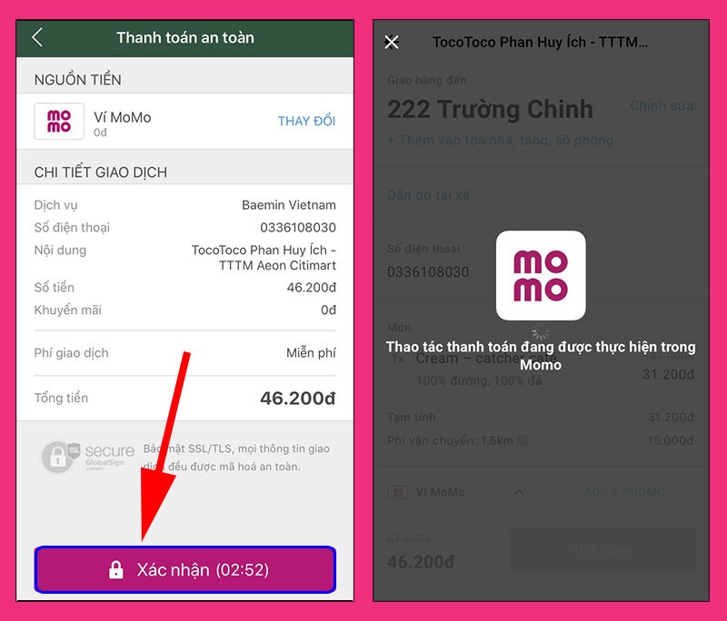 Xác nhận đơn hàng để thanh toán bằng Ví Momo